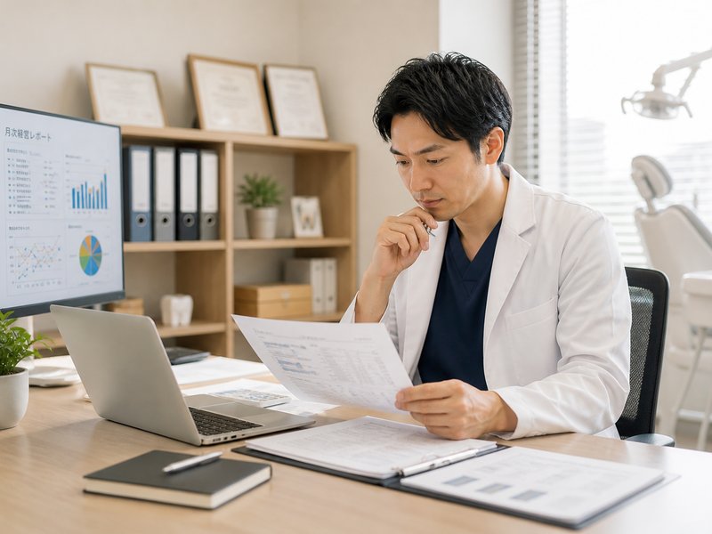 書類を見ながら現状を見直している歯科医師