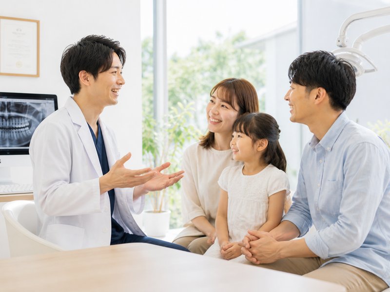 ご家族と歯科医師が笑顔で対話する診察室の光景