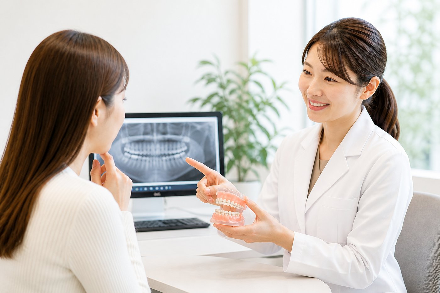 模型を使って説明する歯科医師
